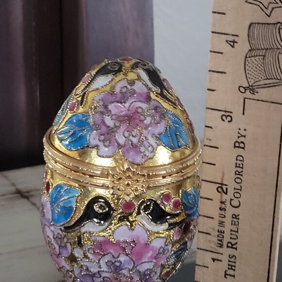 Vintage Cloisonne Egg Trinket Box with Black Enameled inside Love Birds - Picture 7 of 8